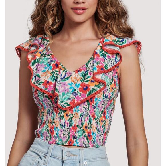 Lost + Wander Floral Smocked Off Shoulder All Summer Long Ruffle Top M Medium - Picture 1 of 11